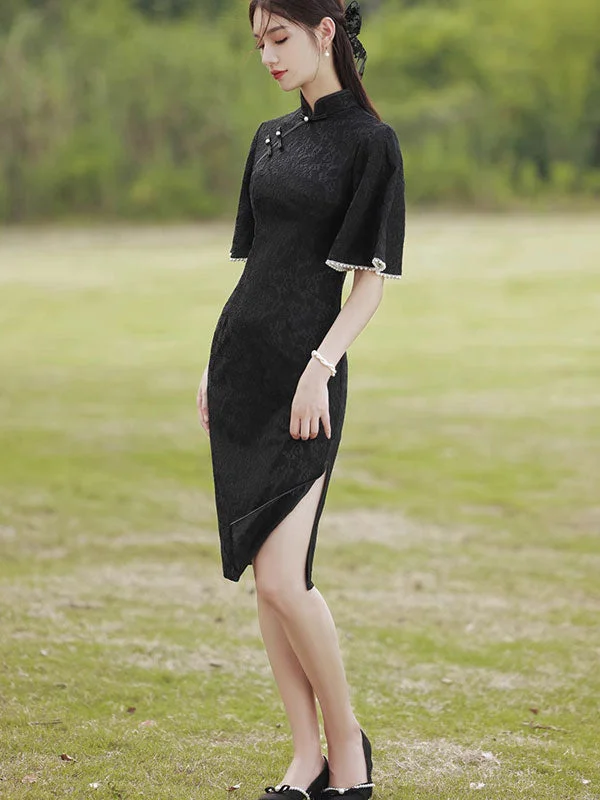 Black Floral Lace Flutter Sleeve Midi Qipao Cheongsam Dress Lace midi dresses