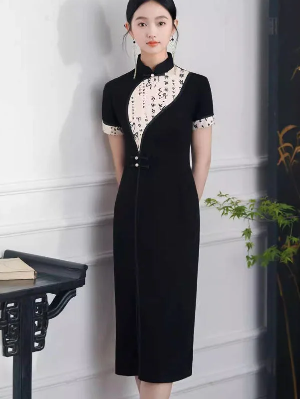 Black Colorblock Midi Modern Qipao Cheongsam Dress Best value midi dresses