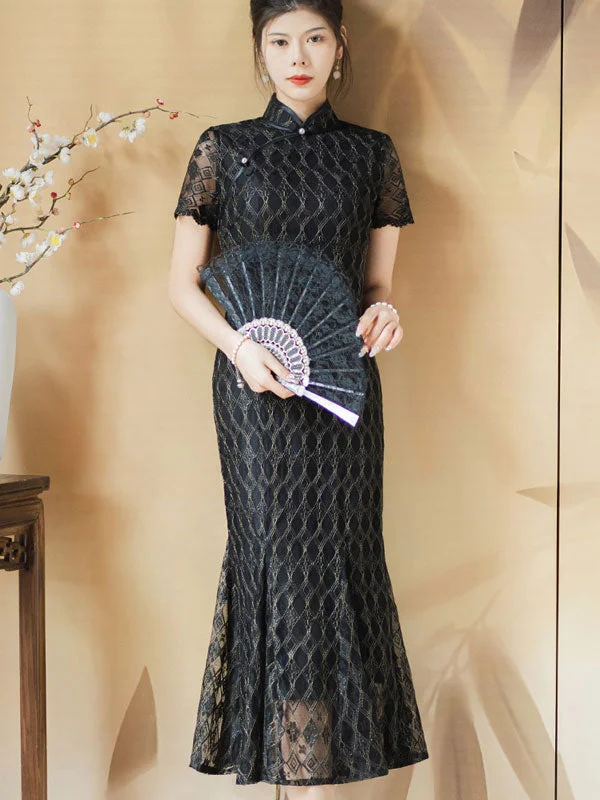 Black Plaid Lace Midi Fishtail Qipao Cheongsam Dress Women's trendy midi dresses sale