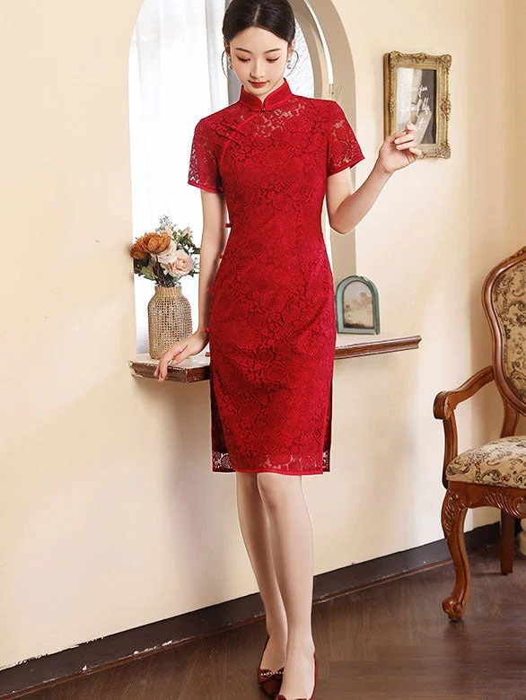 Burgundy Lace Midi Engagement Qipao Cheongsam Dress Comfortable midi dresses for everyday wear