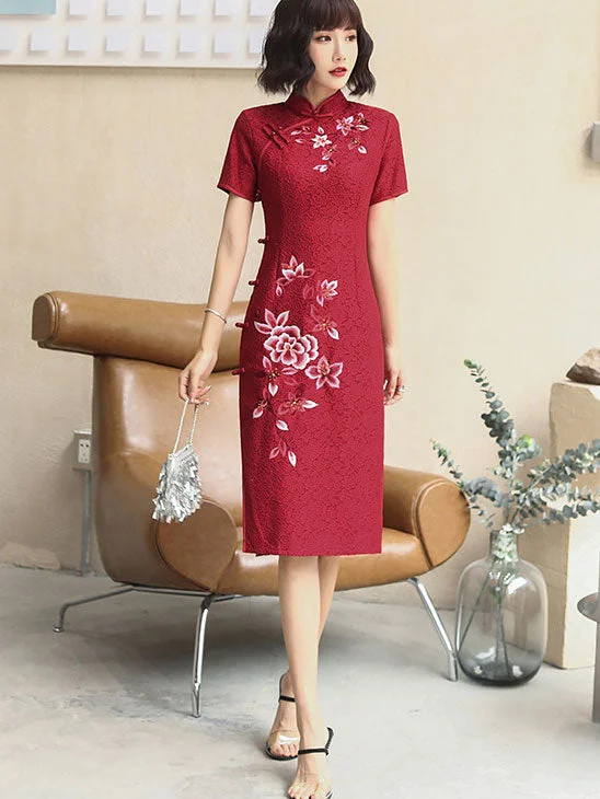 Embroidered Red Lace Midi Modern Cheongsam Qi Pao Dress Spring midi dresses