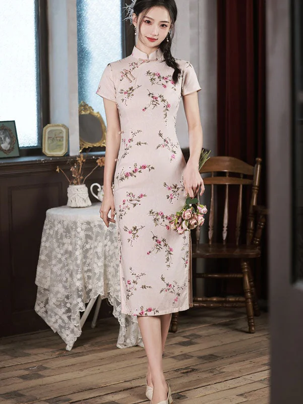 Floral Linen Midi Cheongsam Qipao Dress Elegant midi dresses