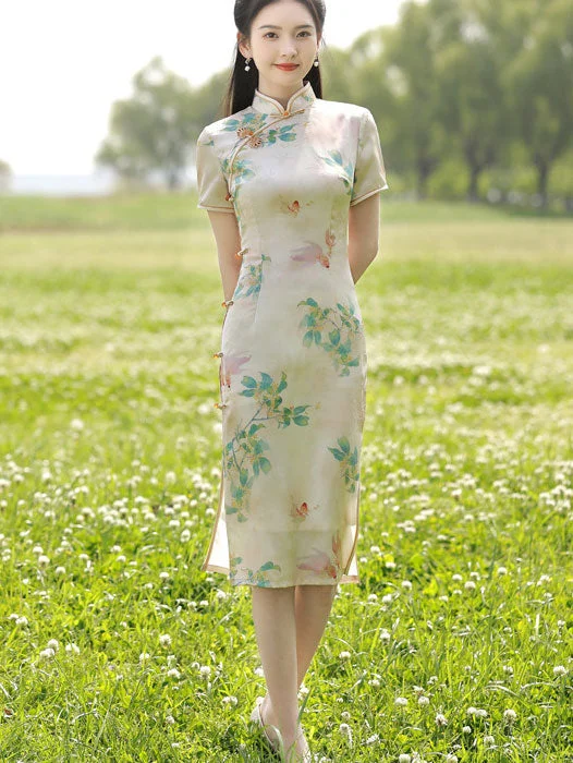 Floral Linen Midi Qipao Cheongsam Dress Best midi dresses for hourglass body shape