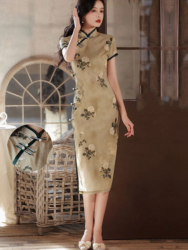 Yellow Floral Print Midi Cheongsam Qipao Dress Clubbing midi dresses