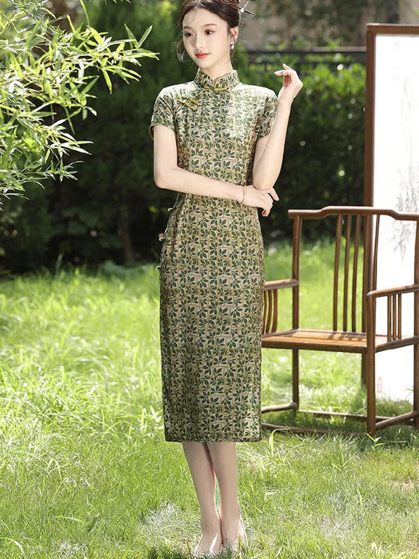 Green Leaf Print Midi Qipao Cheongsam Dress Sequin midi dresses