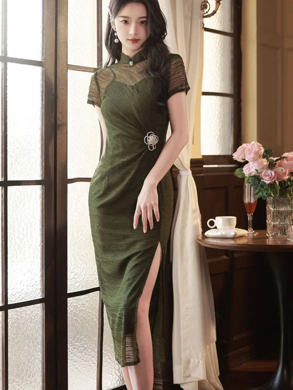 Green Thigh Split Illusion Midi Qipao Cheongsam Dress Ruffled midi dresses