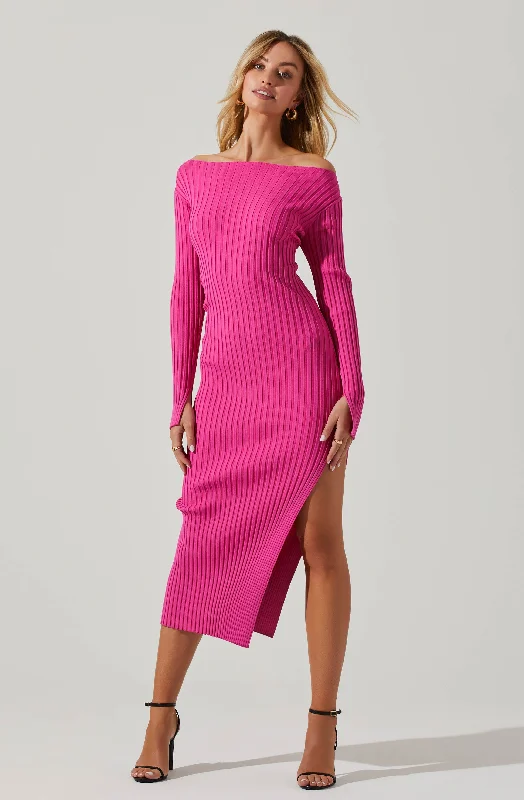 Hilaria Ribbed Knit Off Shoulder Sweater Midi Dress Halter midi dresses