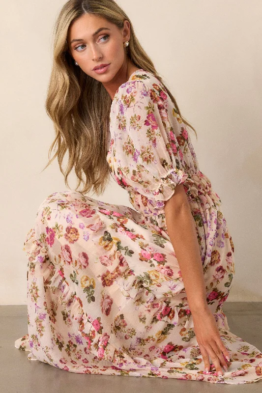 Midnight Train Beige Floral Midi Dress Preppy midi dresses