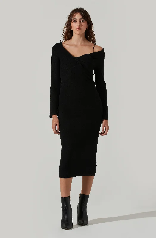 Naya Asymmetrical Shoulder Sweater Midi Dress Clubbing midi dresses