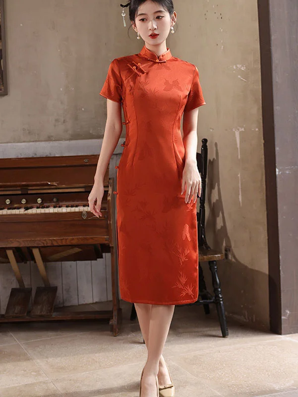 Orange Jacquard Silk Midi Qipao Cheongsam Dress Clubbing midi dresses