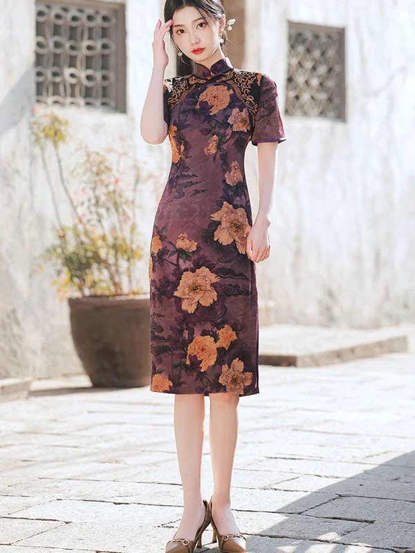 Purple Green Floral Midi Mothers Cheongsam Qi Pao Dress Luxury midi dresses