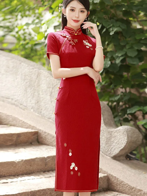 Red Embroidered Jacquard Midi Wedding Bride Cheongsam Dress New Year's Eve midi dresses