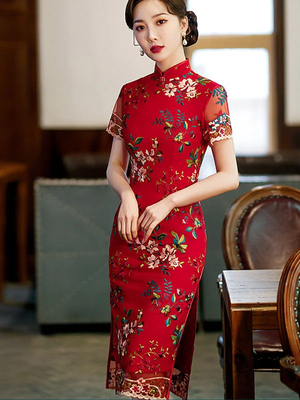 Red Embroidered Lace Midi QiPao Cheongsam Dress Silk midi dresses