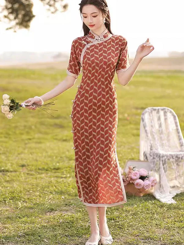 Red Stripe Summer Midi Qipao Cheongsam Dress Expensive midi dresses