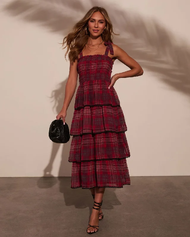 Sway With Me Tiered Plaid Midi Dress Women's trendy midi dresses sale