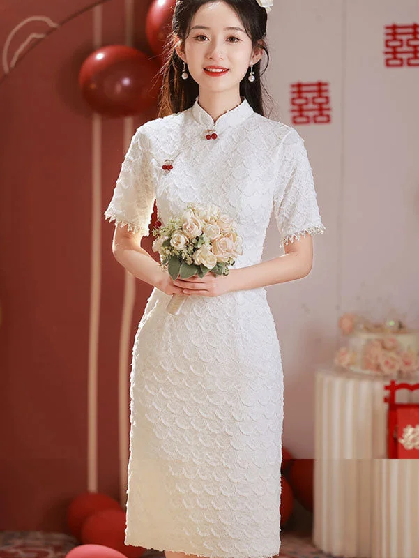 White Lace Midi Bride Qipao Cheongsam Dress Y2K midi dresses