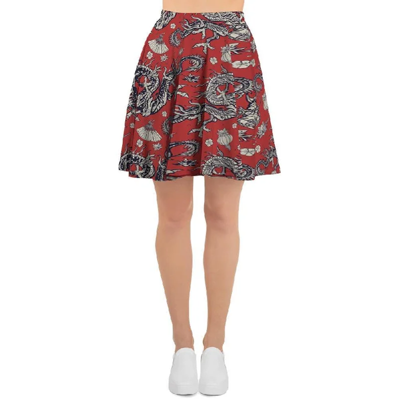 Red Chinese Dragon Floral Print Women's Skirt Bright color unclassified skirts