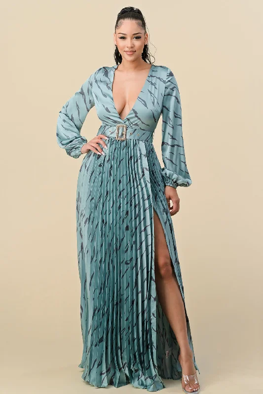 Printed Long Sleeve V Neck Belt Maxi Dress Flowy maxi dresses