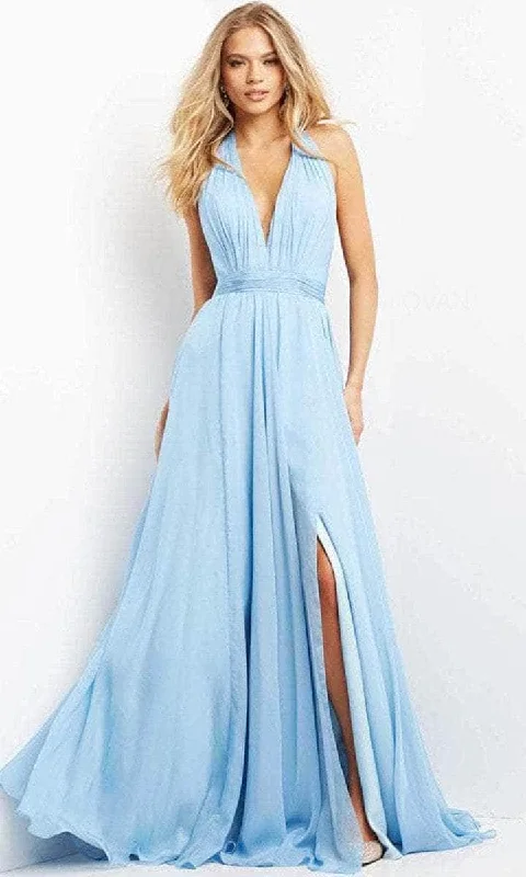 Jovani - Plunging Halter Evening Dress 08682SC - 1 pc Light Blue In Size 8 Available Corset party dresses