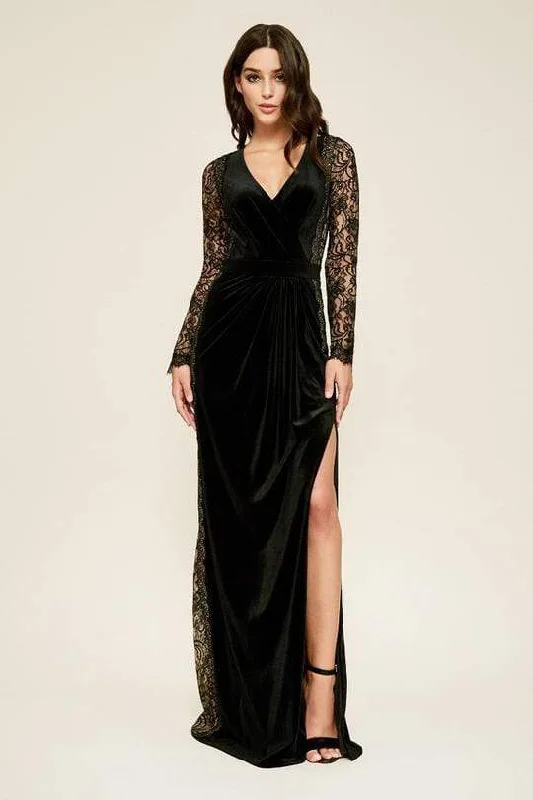 Tadashi Shoji - Molin Lace Long Sleeve Velvet A-line Evening Dress - 1 pc Black/Nude In Size 00 Available Knitted party dresses