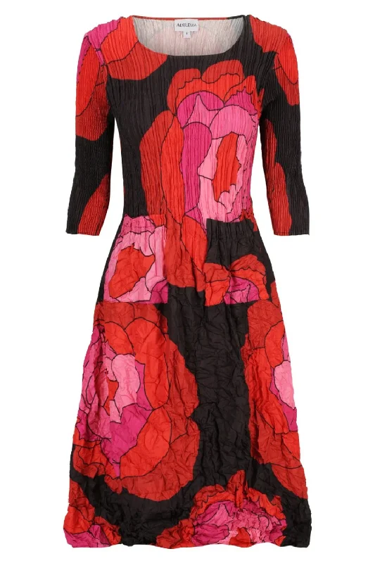 3/4 Sleeve Smash Pocket Dress | Black Red Pink Roses Metallic unclassified dresses