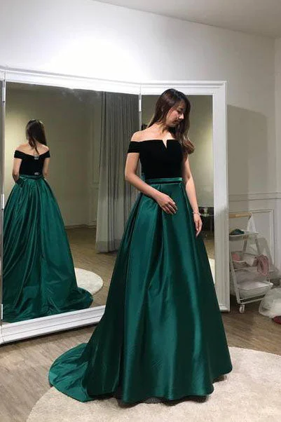 A Line Dark Green Off-the-Shoulder Sweep Train Evening Dress N435 Casual unclassified dresses