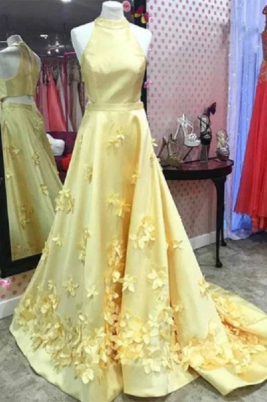 A Line Halter Yellow Flower Prom Dresses Elegant evening unclassified dresses