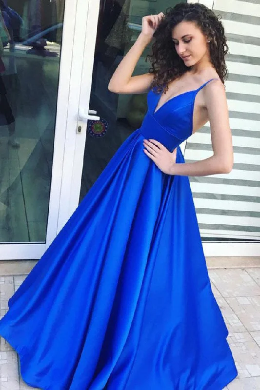 A Line Royal Blue Spaghetti Straps Satin Prom Dress with Pleats N729 Office unclassified dresses