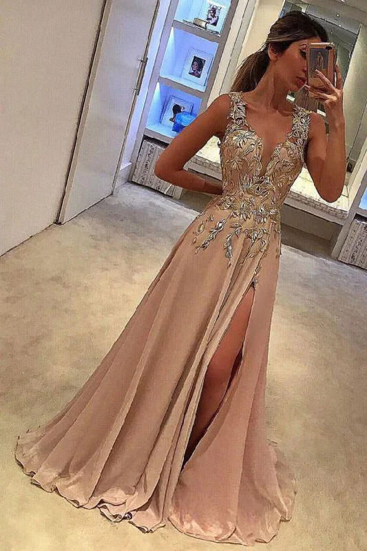 A Line Split Deep V-Neck Sleeveless Prom Dress with Appliques N876 Ruched unclassified dresses