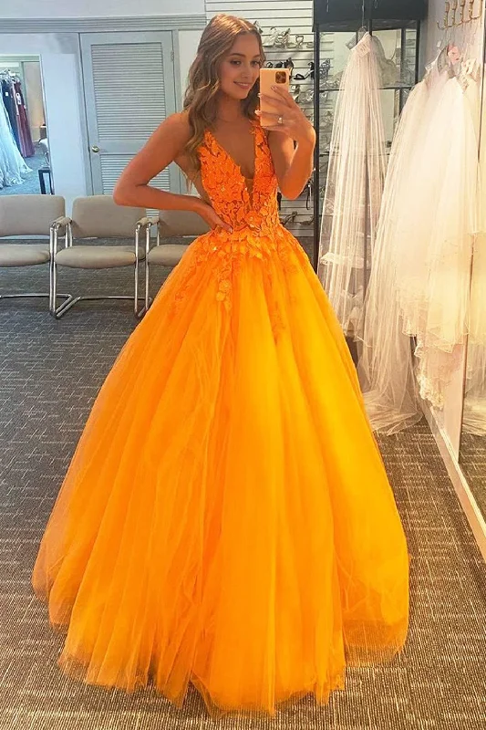 A Line V Neck Orange Prom Dress with Appliques Fashionable unclassified dresses