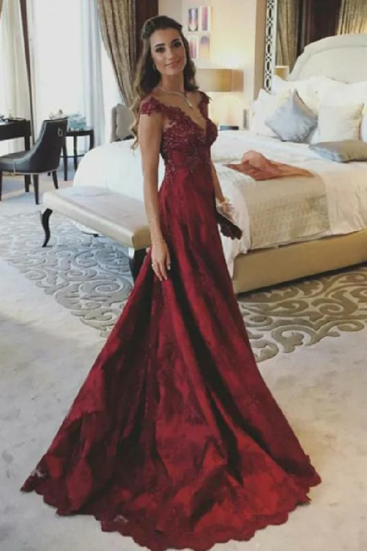 A Line V-Neck Sleeveless Appliques Prom Dresses Dark Red Popular Evening Dresses N1273 Office unclassified dresses