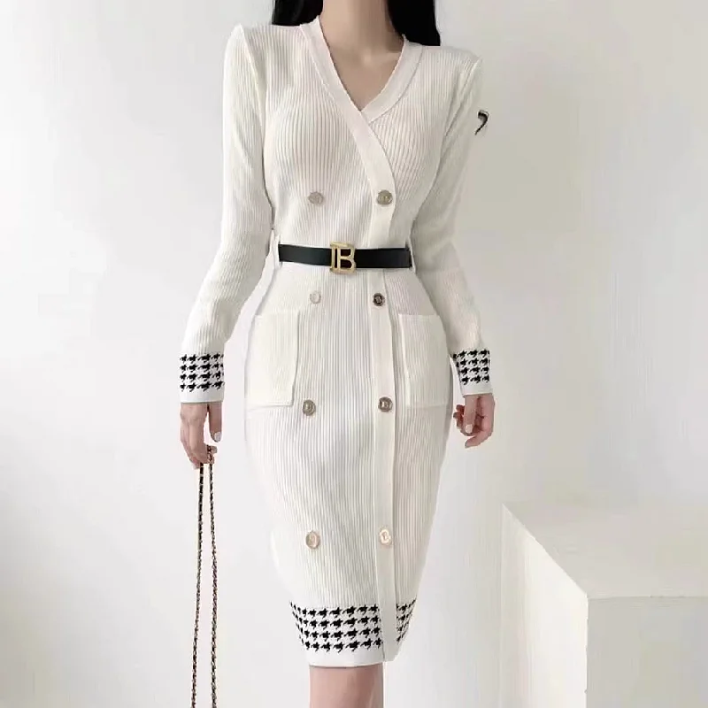 Belt-buttoned V-neck elastic houndstooth knitted dress Printed unclassified dresses