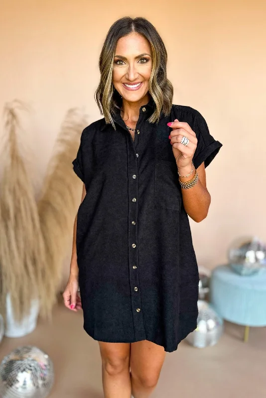 Black Corduroy Pocket Detail Button Down Dress Popular unclassified dresses