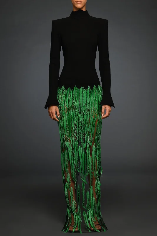 Black crepe dress with green feathers embroidery Denim unclassified dresses