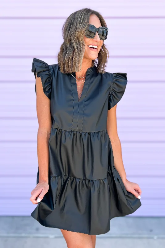 Black Faux Leather V Neck Ruffle Sleeve Tiered Dress Engagement unclassified dresses