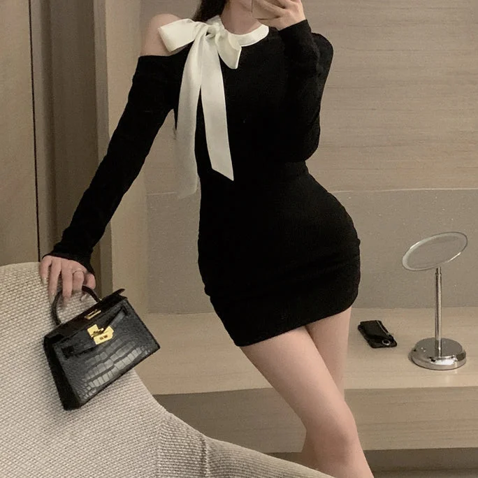 Black Graceful Strappy One-Shoulder Knit Dress Breathable unclassified dresses