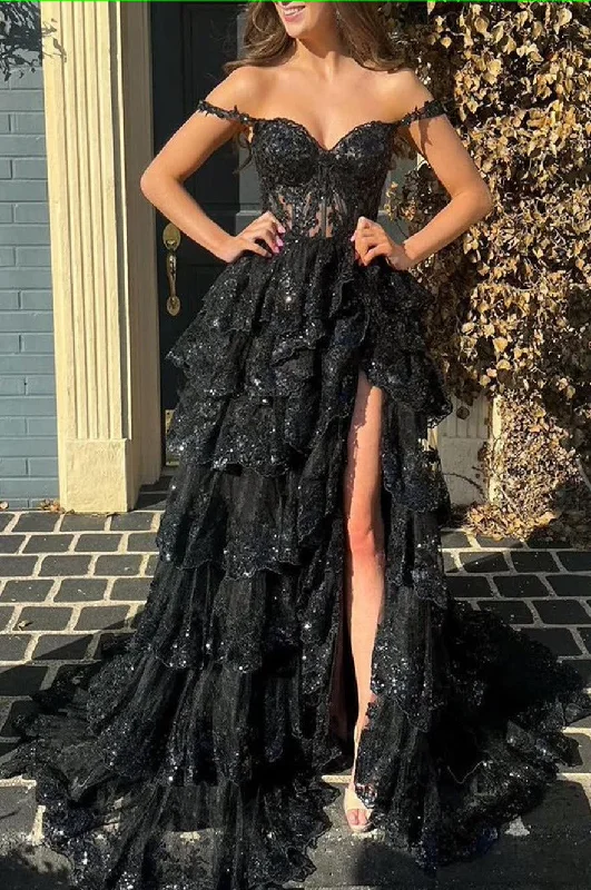 Black Off The Shoulder Tiered Prom Dress Discounted unclassified dresses