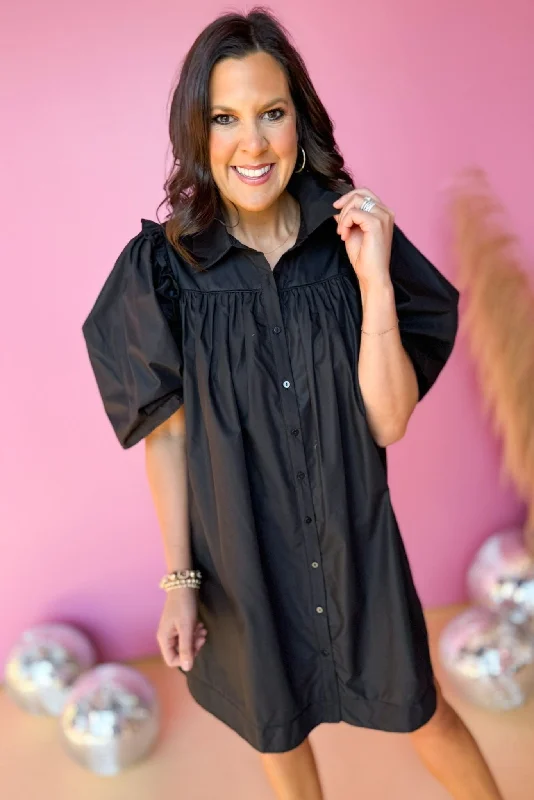 Black Poplin Collared Button Down Frill Puff Sleeve Dress Discounted unclassified dresses