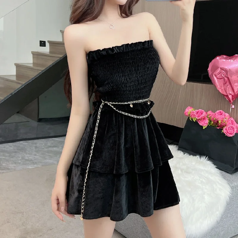 Black Sleeveless Tube Top Ruffles Big Swing Dress Silk unclassified dresses