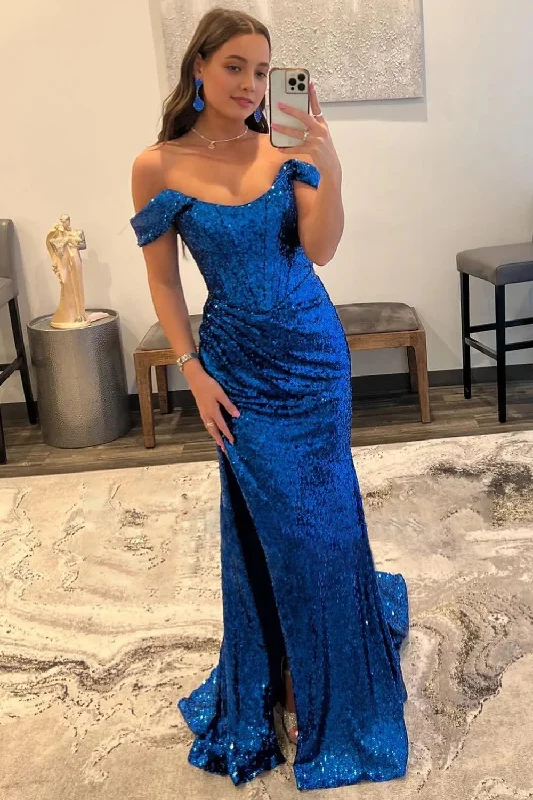 Blue Off Shoulder Mermaid Prom Dress with Slit Discounted unclassified dresses