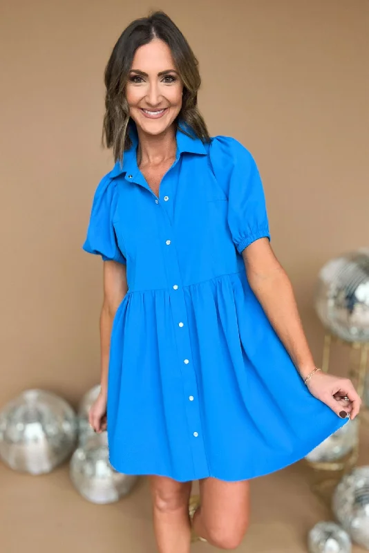 Blue Pearl Snap Collared Puff Sleeve Button Down Dress Graduation unclassified dresses