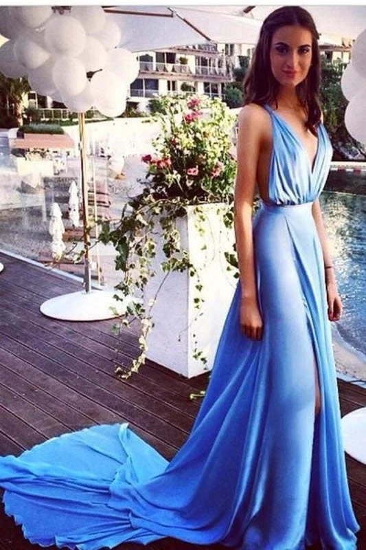 Blue Sleeveless V-Neck Split Court Train Prom Dresses N736 Metallic unclassified dresses