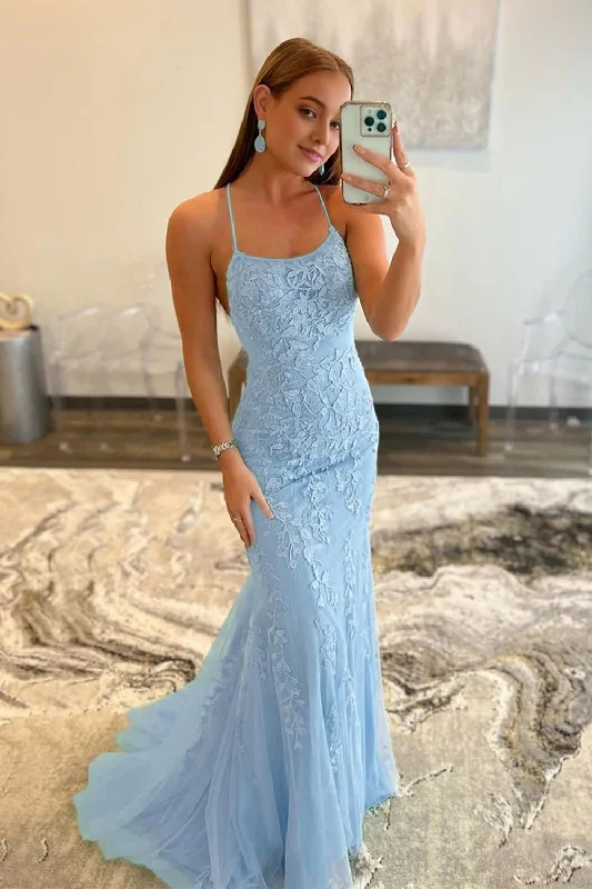 Blue Spaghetti Straps Mermaid Prom Dress With Appliques Long sleeve unclassified dresses