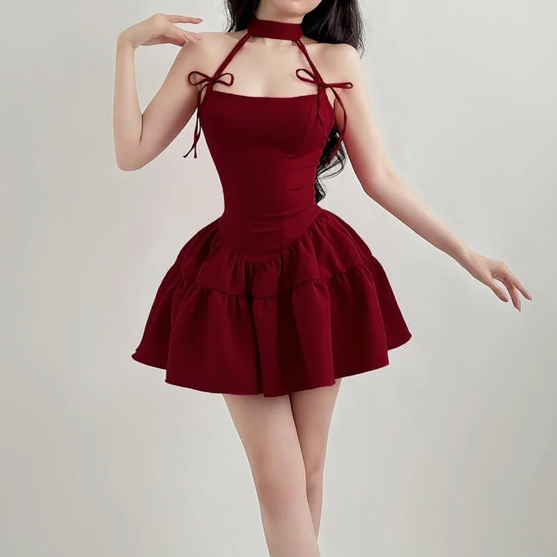 Bow Backless Halter Neck Tie Puffy Red Dress Lace unclassified dresses