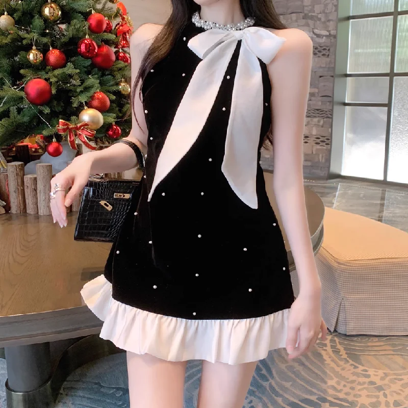 Bow Polka Dot Sleeveless Black Dress Silk unclassified dresses