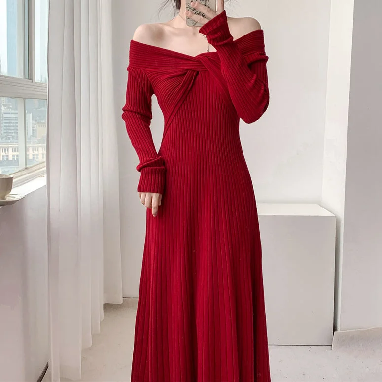 Braided Off-The-Shoulder High-Waist Knitted Dress Tiered unclassified dresses