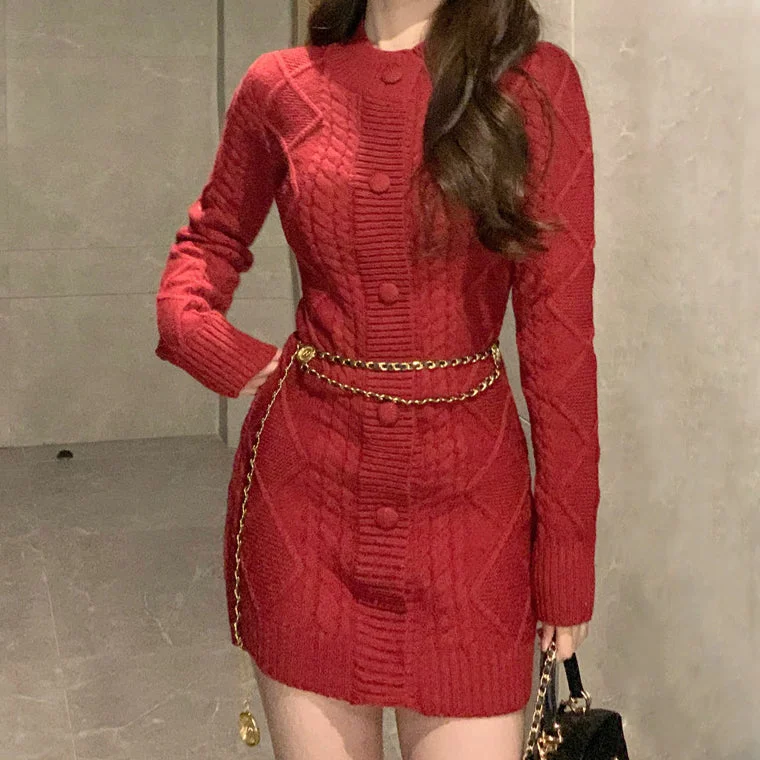 Braided Single-Breasted Crewneck Knitted Dress Embroidered unclassified dresses