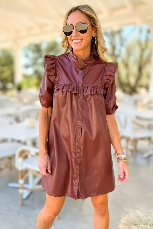 Brown Faux Leather Ruffle Hem Button Up Dress Anniversary unclassified dresses