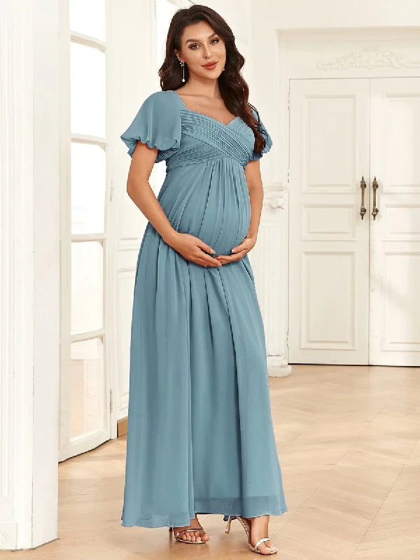 Chiffon Pleated V-Neck Tie-Back A-Line Maternity Dress Embroidered unclassified dresses