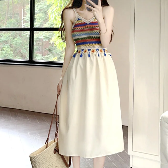 Colorful Ethnic Resort Style Paneled Slip Dress Embroidered unclassified dresses